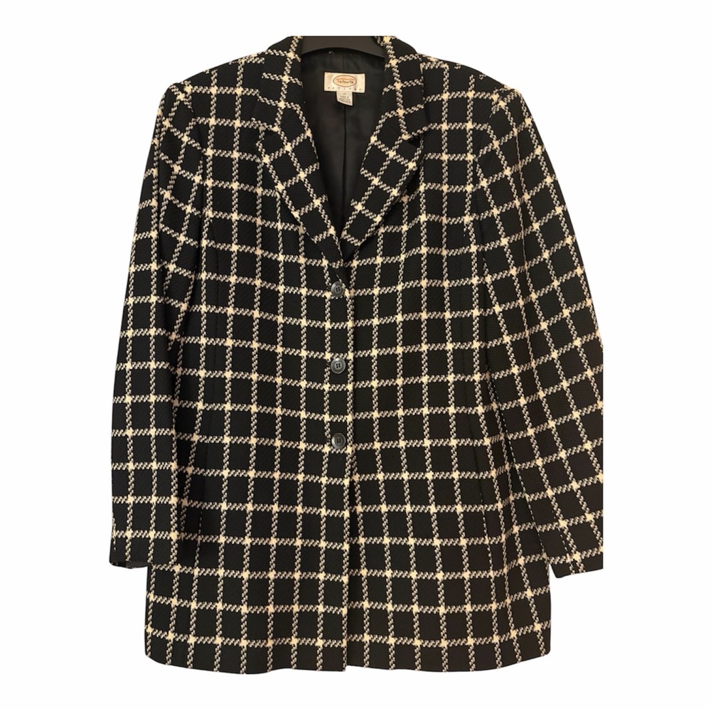 Talbots Black and White Notched Collar Windowpane Jacket 10 Petite